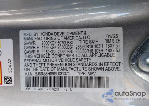 2025 Honda Cr-V Hybrid Sport-L from USA, damaged, VIN 5J6RS6H89SL031371